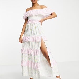 Miss Selfridge Bardot Frill Detail Midi Dress In Mix Floral